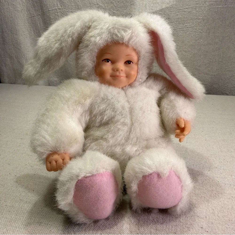 Vintage Anne Geddes Baby Bunnies White Bunny Plush Beanie Soft Toy Doll 1997